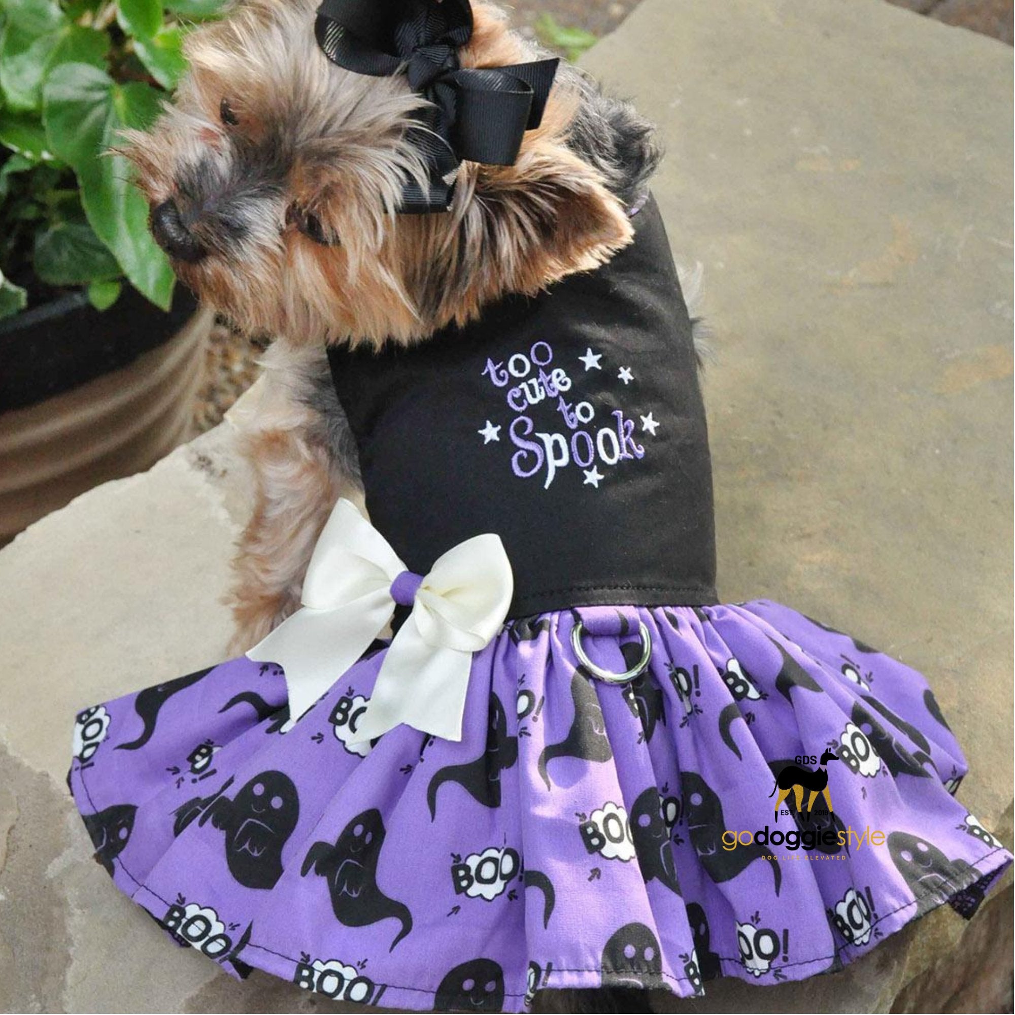 Halloween Dog Harness Dress With Leash - Too Cute to Spook Embroidery - Fall Holiday Dog Dress - Purple With Black Ghosts - Cute Bow - XS to L - 3 to 25 lbs - godoggiestyle