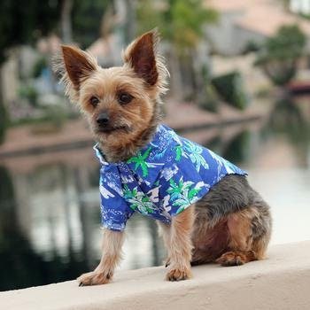 Hawaiian Camp Shirt - Ocean Blue and Palms - 100% Cotton Dog Shirt - Easy Walking Leash Hole - Easy Wash - Dog Apparel - Size XXS to 2XL - godoggiestyle