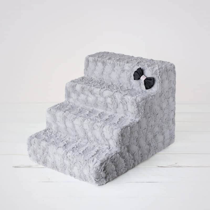Luxury Pet Stairs-4 Step-Dove Grey With Crystal Satin Bow-Easy Wash Removable Cover-Sturdy high Density Foam-godoggiestyle