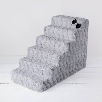 Luxury Pet Stairs-6 Step-Dove Grey With Crystal Satin Bow-Easy Wash Removable Cover-Sturdy high Density Foam