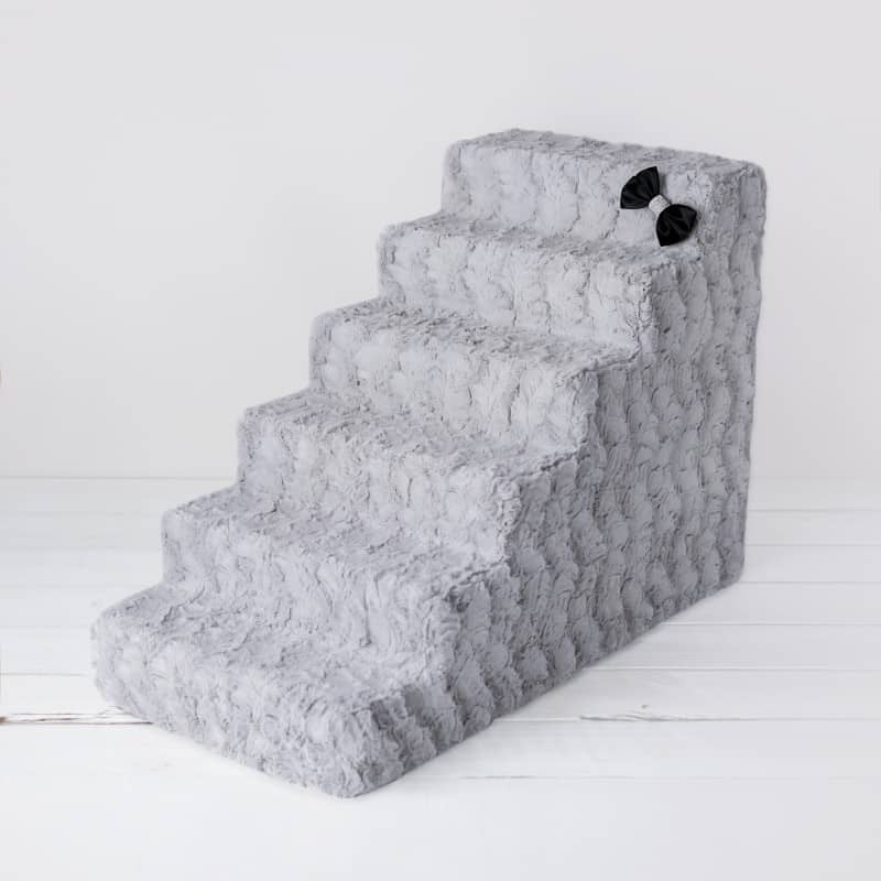 Luxury Pet Stairs-6 Step-Dove Grey With Crystal Satin Bow-Easy Wash Removable Cover-Sturdy high Density Foam-godoggiestyle