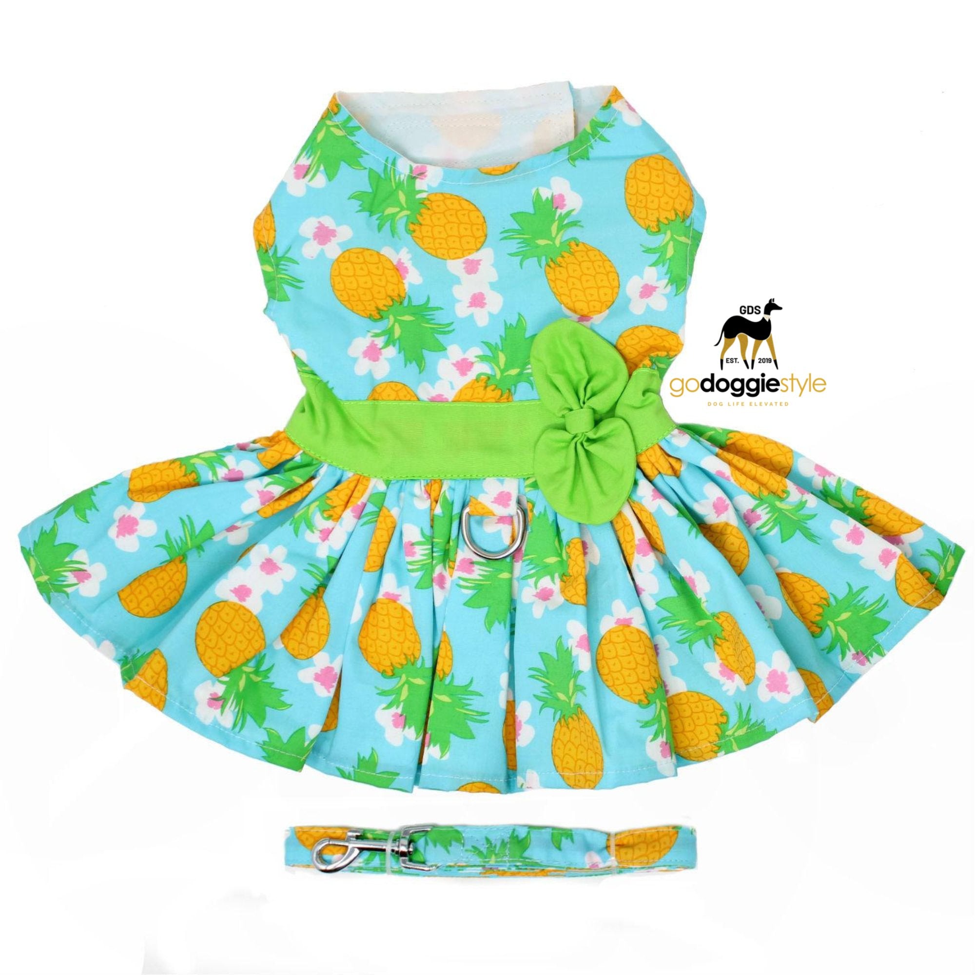 Pineapple Luau Dog Harness Dress with Matching Leash-godoggiestyle