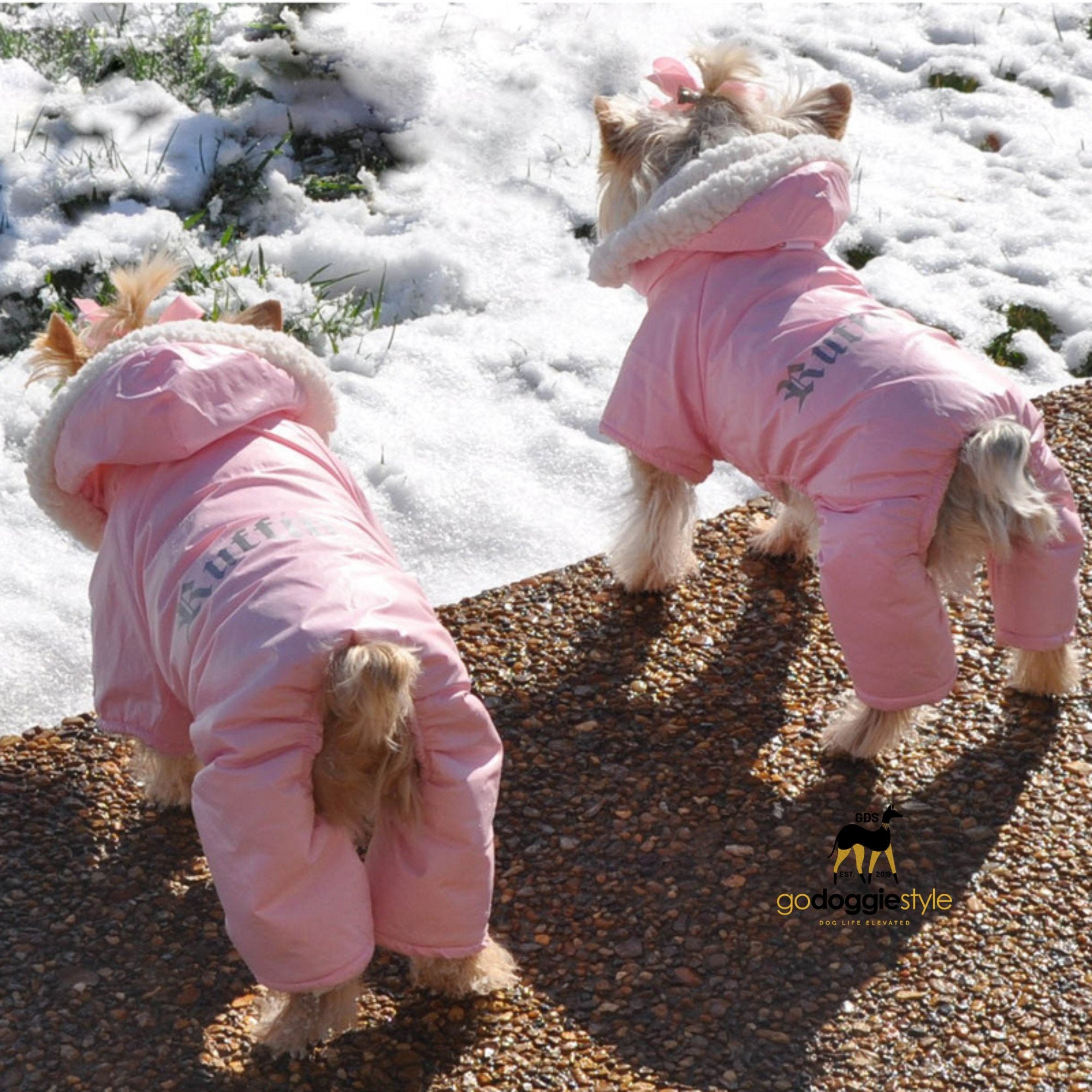 Pink Ruffin It Dog Sherpa Lined Snow Suit Harness-Warm Dog Jacket-Fleece-Water Repellent Dog Coat-XS to L-Up to 25 lbs-godoggiestyle