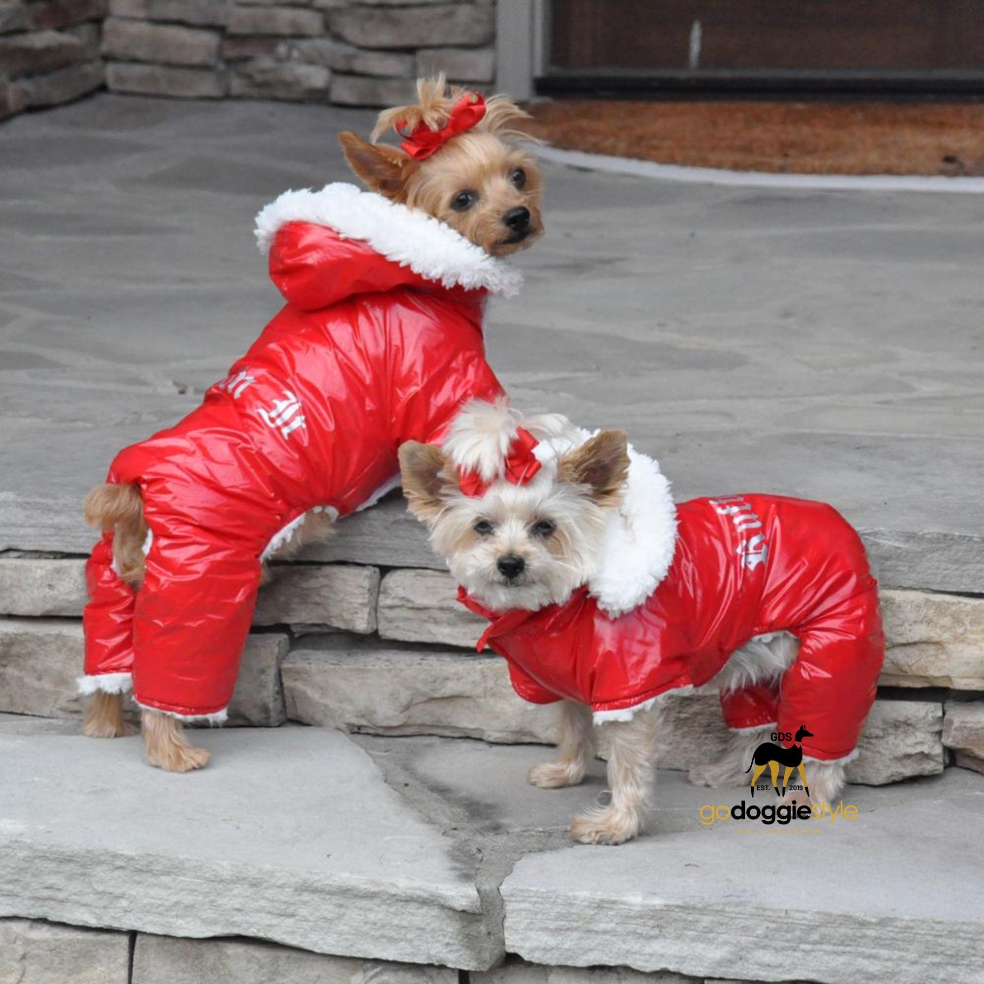 Red Ruffin It Dog Sherpa Lined Snow Suit Harness - Warm Dog Jacket - Fleece - Water Repellent Dog Coat - XS to L - Up to 25 lbs - godoggiestyle