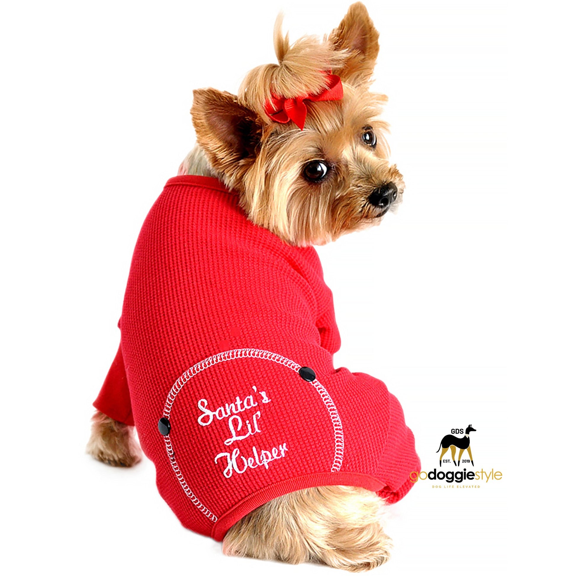 Santa's Lil Helper Embroidered Christmas Dog Pajamas - Red - Soft Stretchy Dog Sleep Wear - Warm Dog Pajamas - XS to 2XL - godoggiestyle