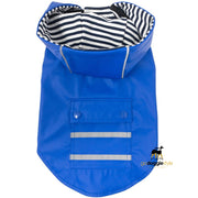 Slicker Dog Raincoat With Striped Fabric Lining & Pocket - Cobalt Blue - Heavy Duty Protective Waterproof - Leash Access Hole - Reflective Striping - XS to 3XL - godoggiestyle