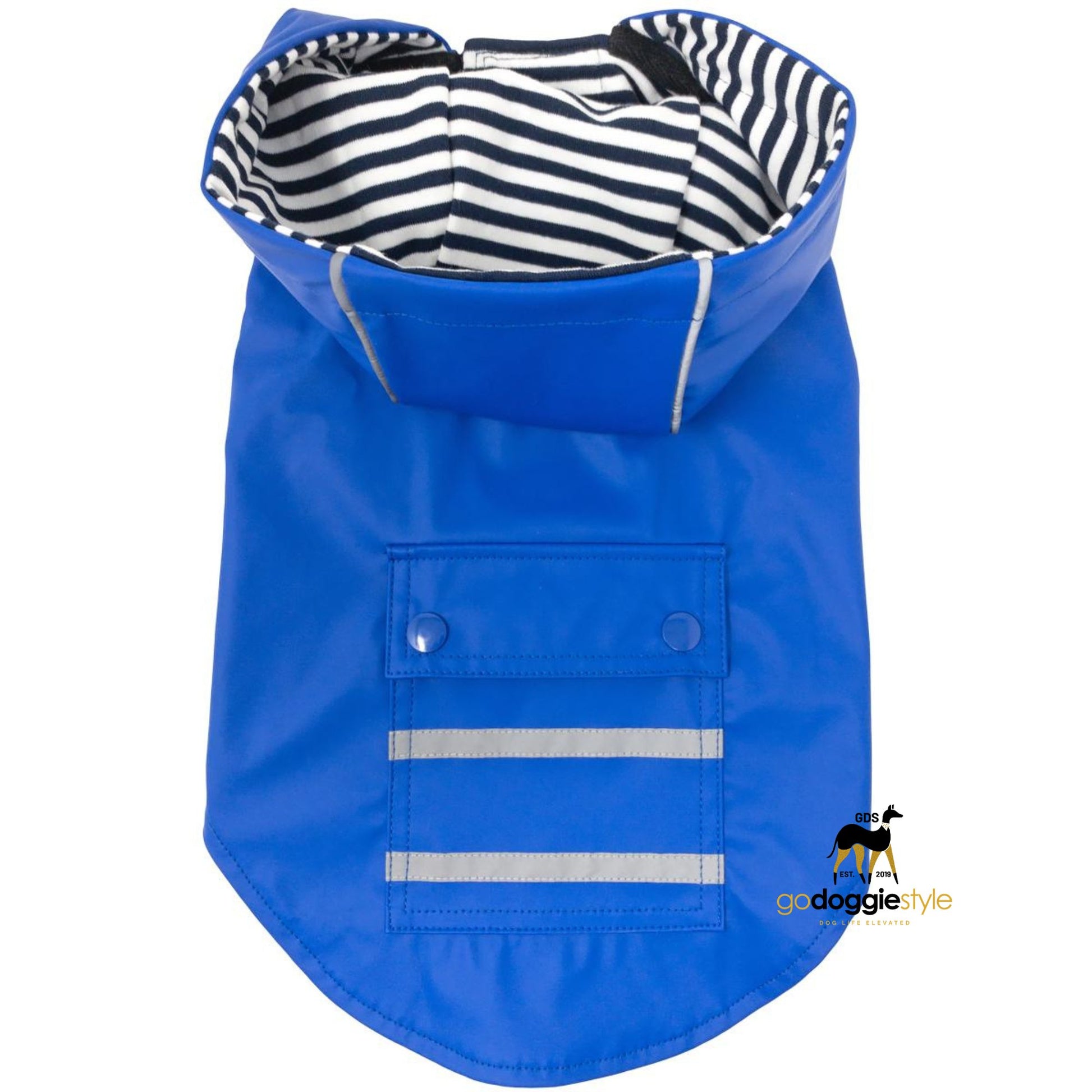 Slicker Dog Raincoat With Striped Fabric Lining & Pocket - Cobalt Blue - Heavy Duty Protective Waterproof - Leash Access Hole - Reflective Striping - XS to 3XL - godoggiestyle