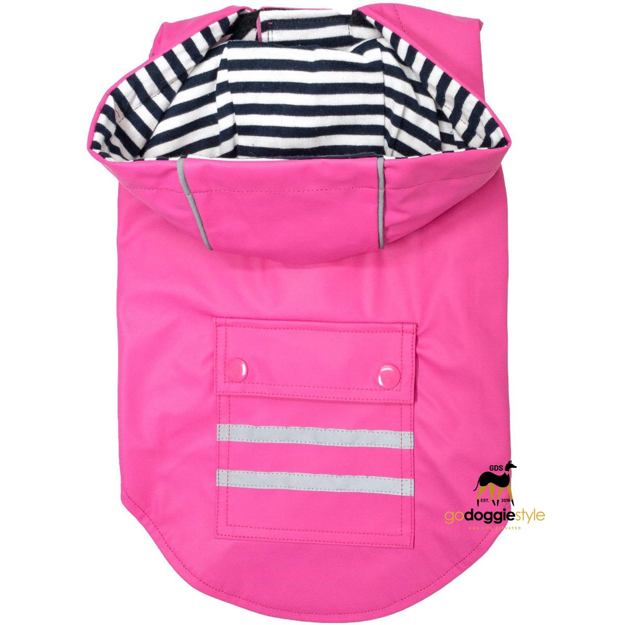 Slicker Dog Raincoat With Striped Fabric Lining & Pocket - Raspberry Pink - Heavy Duty Protective Waterproof - Leash Access Hole - Reflective Striping - XS to 3XL - godoggiestyle