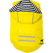 Slicker Dog Raincoat With Striped Fabric Lining & Pocket - Yellow - Heavy Duty Protective Waterproof - Leash Access Hole - Reflective Striping - XS to 3XL - godoggiestyle
