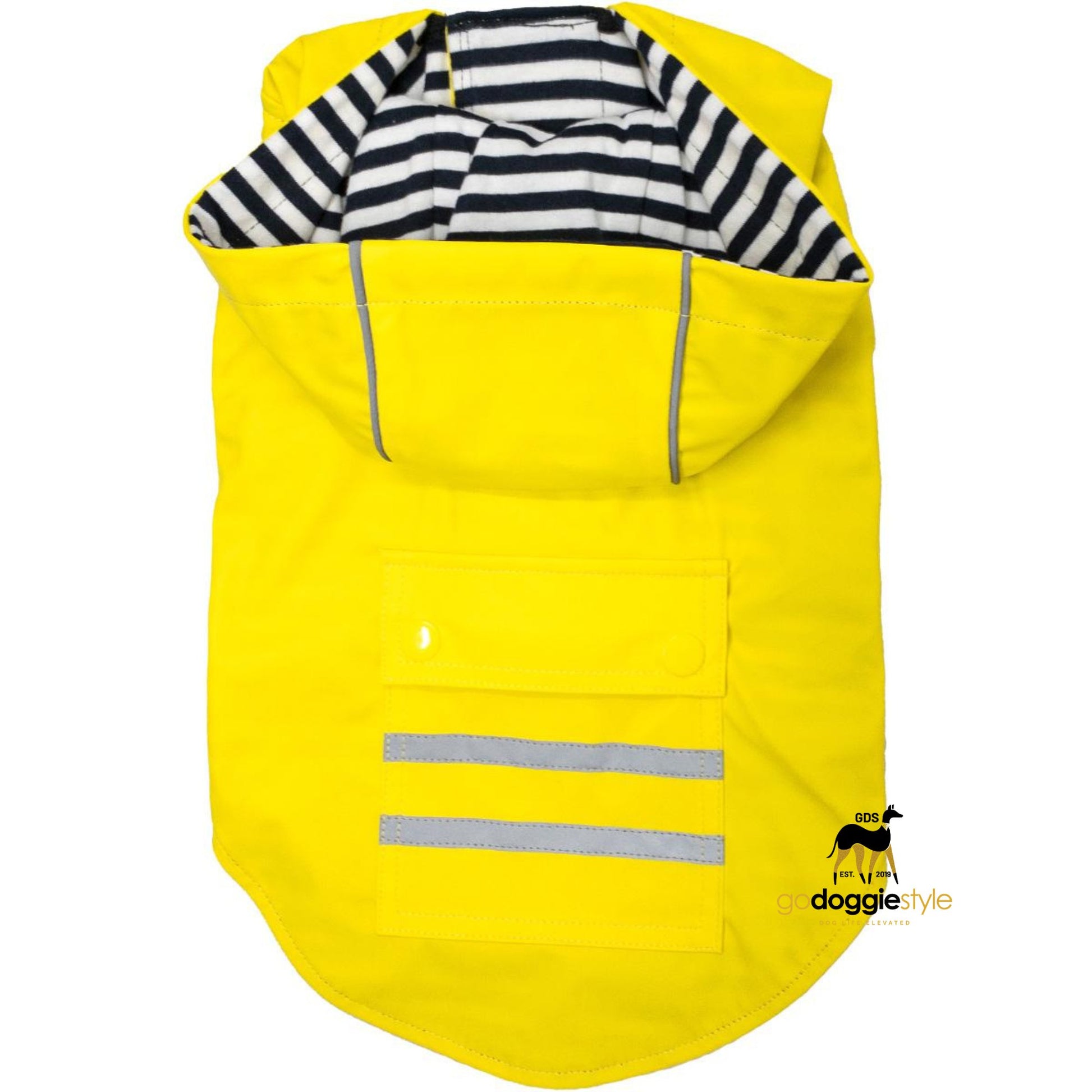 Slicker Dog Raincoat With Striped Fabric Lining & Pocket - Yellow - Heavy Duty Protective Waterproof - Leash Access Hole - Reflective Striping - XS to 3XL - godoggiestyle