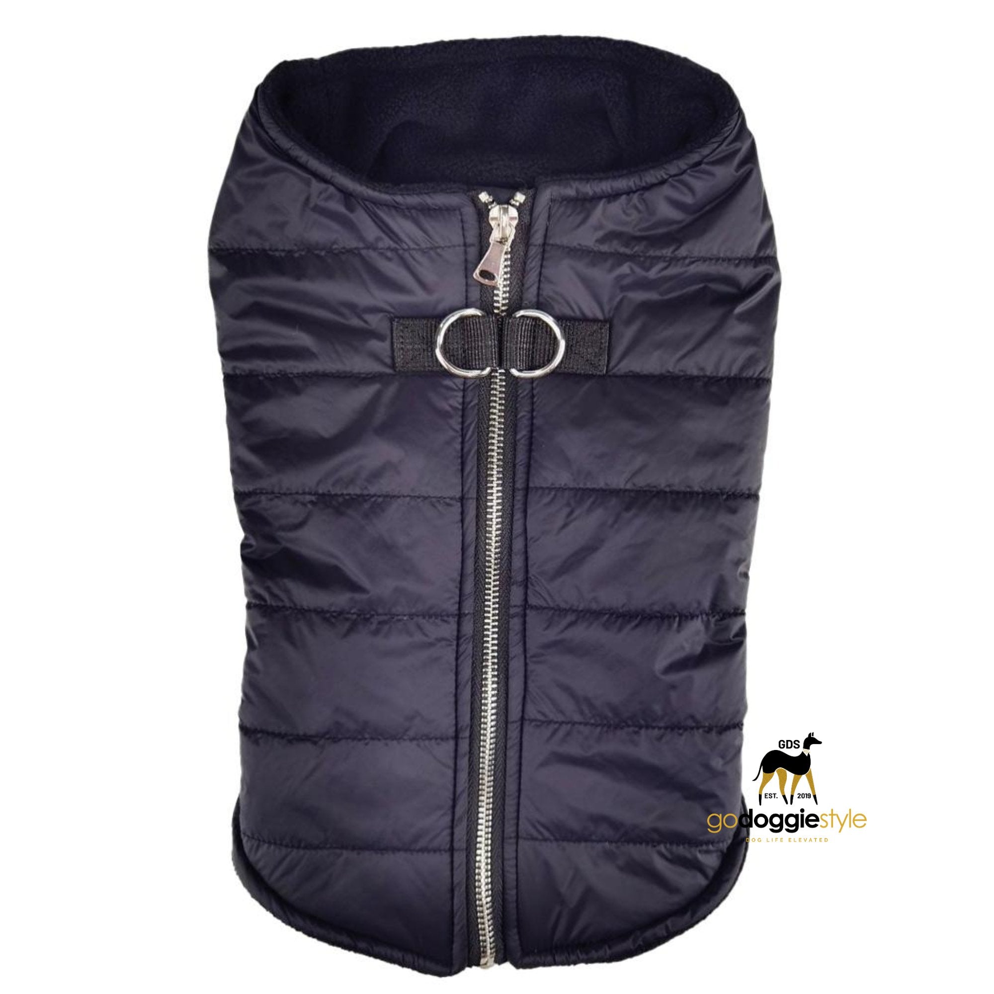 Step In Zip-up Fleece Lined Dog Puffer Vest - Black - D-Ring Leash Holder - Warm Fleece Lined Fall Winter Dog Coat Jacket - Sizes XS to XL - godoggiestyle