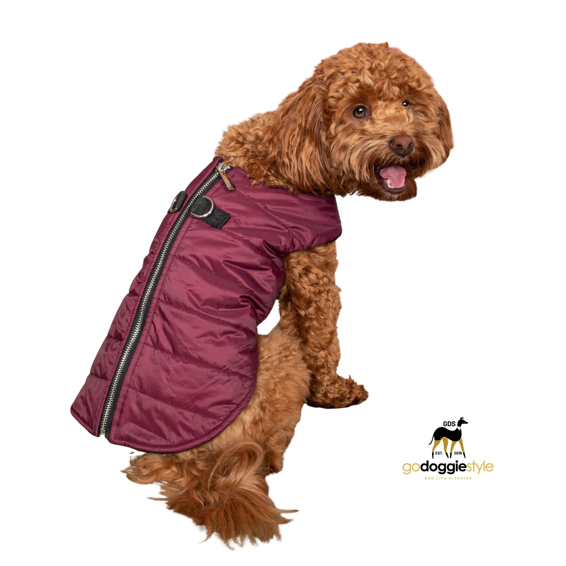 Step In Zip-up Fleece Lined Dog Puffer Vest - Burgundy - D-Ring Leash Holder - Warm Fleece Lined Fall Winter Dog Coat Jacket - Sizes XS to XL - godoggiestyle