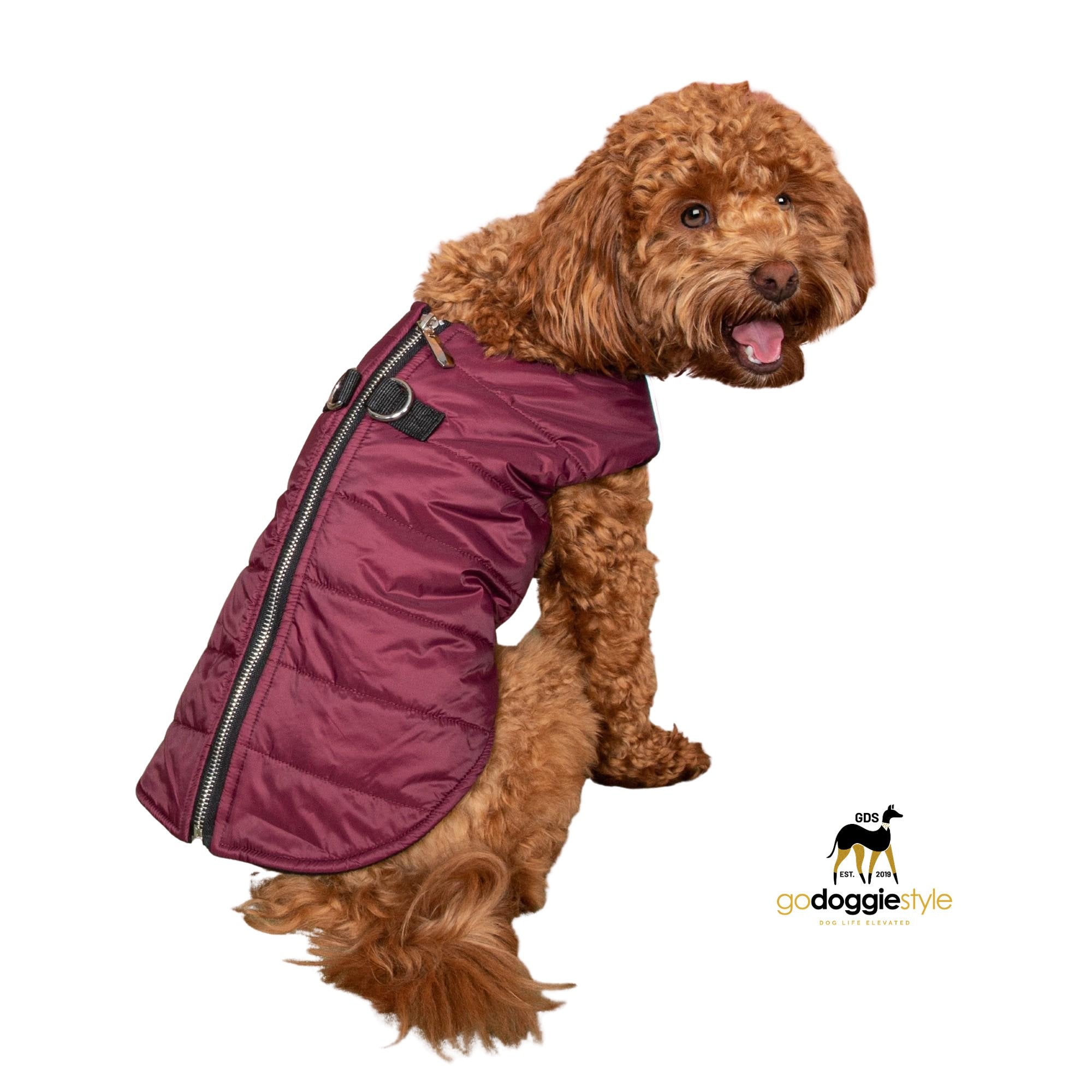 Step In Zip-up Fleece Lined Dog Puffer Vest - Burgundy - D-Ring Leash Holder - Warm Fleece Lined Fall Winter Dog Coat Jacket - Sizes XS to XL - godoggiestyle