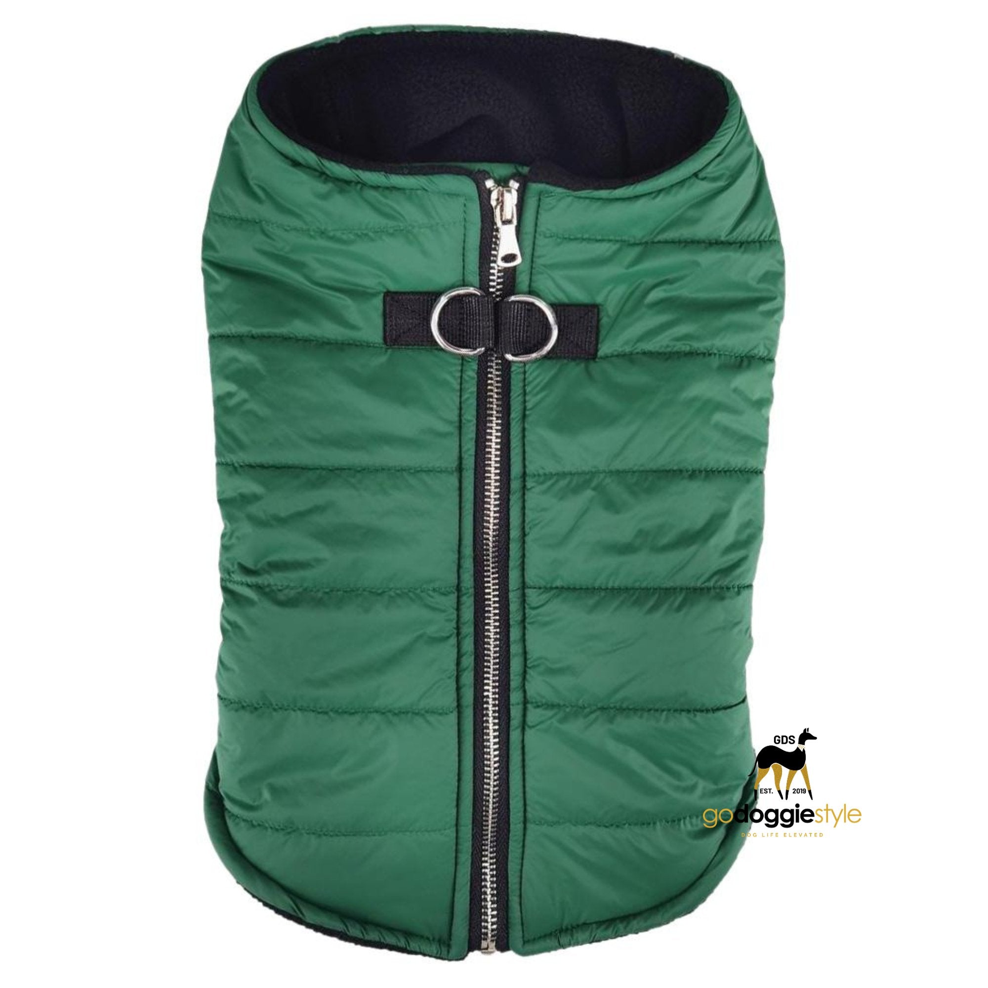 Step In Zip-up Fleece Lined Dog Puffer Vest - Dark Green - D-Ring Leash Holder - Warm Fleece Lined Fall Winter Dog Coat Jacket - Sizes XS to XL - godoggiestyle