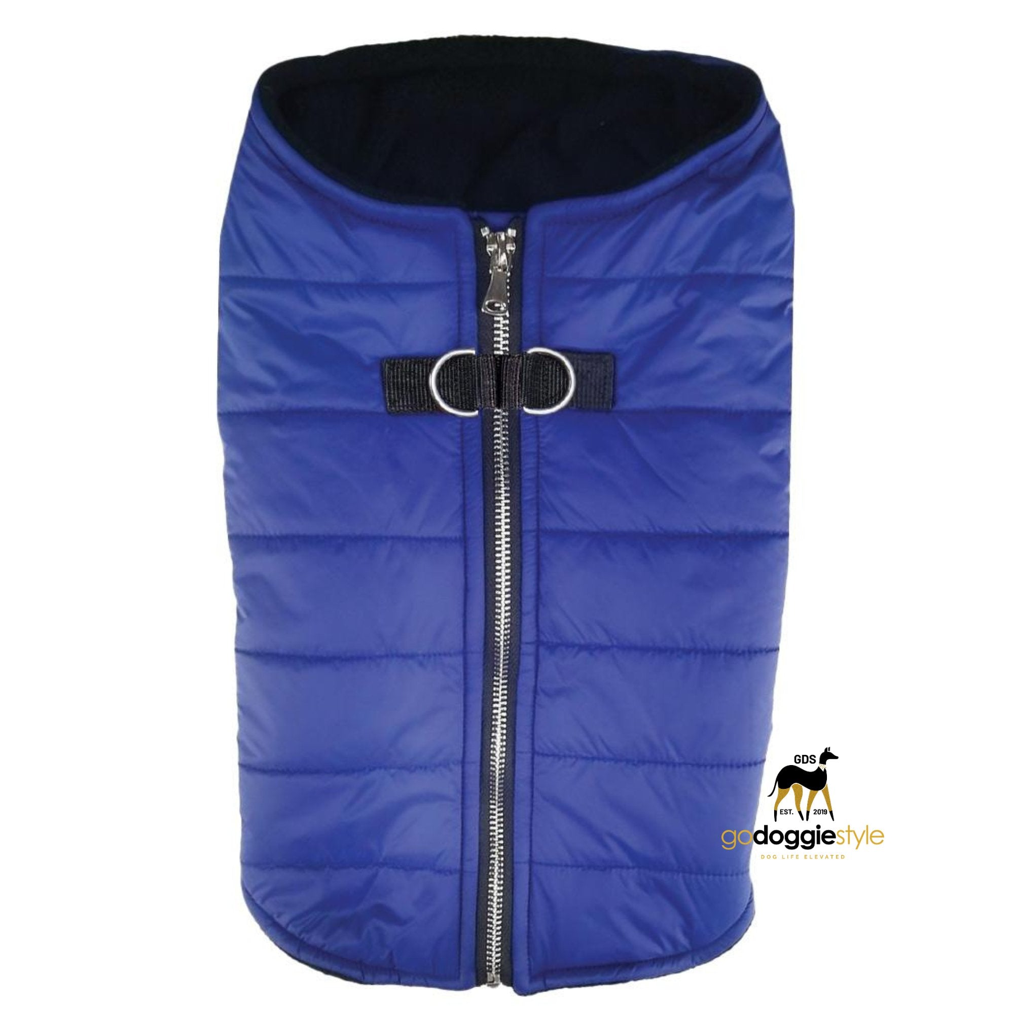 Step In Zip-up Fleece Lined Dog Puffer Vest - Navy Blue - D-Ring Leash Holder - Warm Fleece Lined Fall Winter Dog Coat Jacket - Sizes XS to XL - godoggiestyle