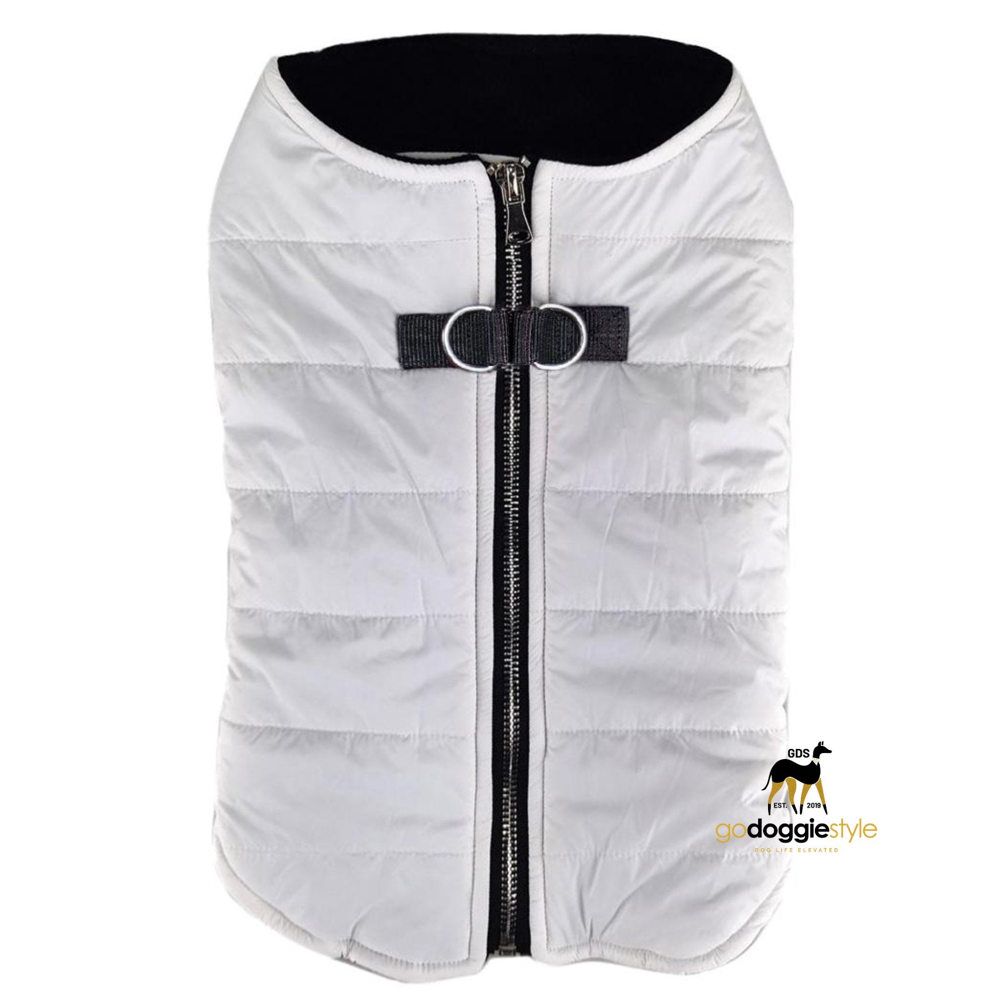 Step In Zip-up Fleece Lined Dog Puffer Vest - White - D-Ring Leash Holder - Warm Fleece Lined Fall Winter Dog Coat Jacket - Sizes XS to XL - godoggiestyle