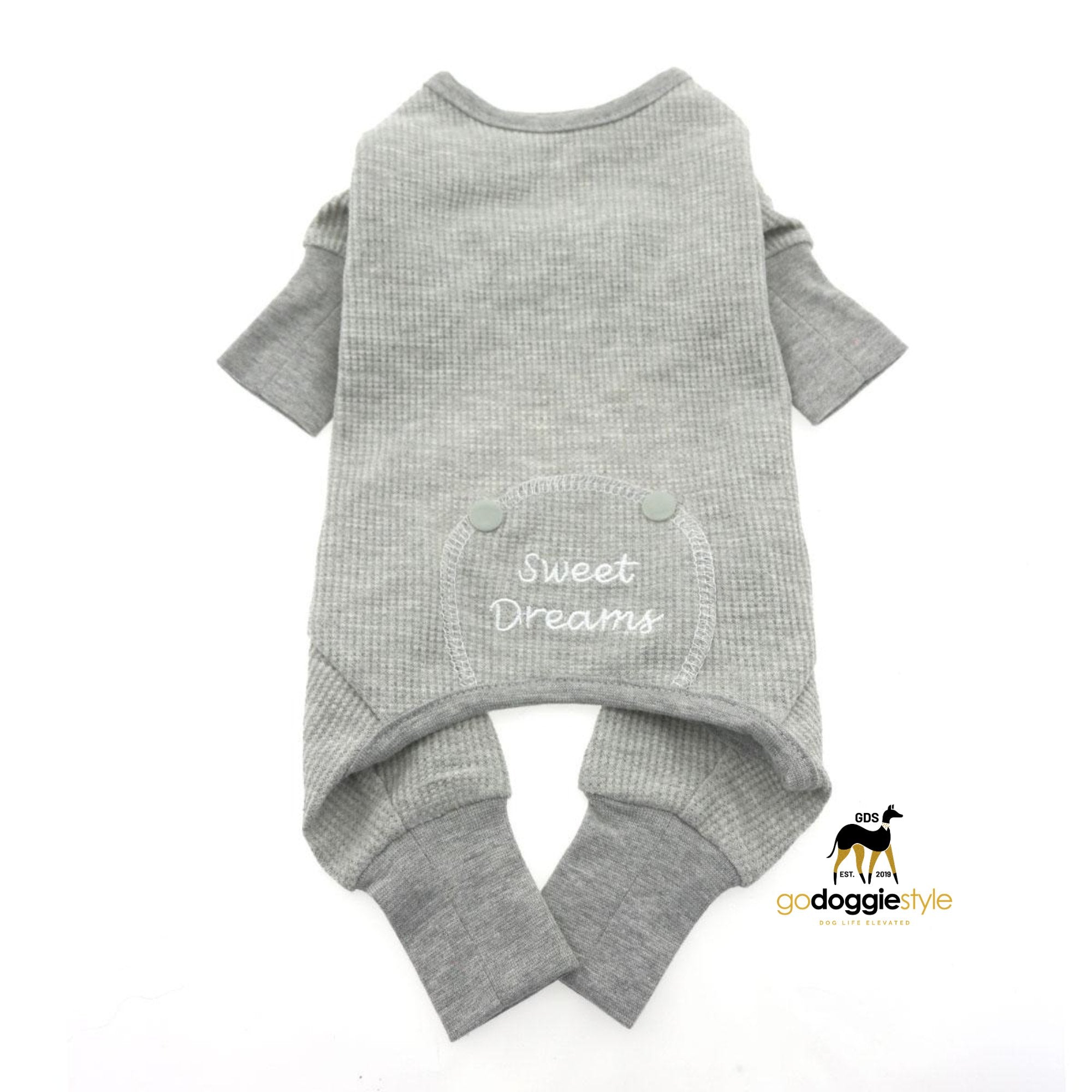 Sweet Dreams Embroidered Dog Pajamas - Alloy Gray - Soft Stretchy Dog Sleep Wear - Warm Dog Pajamas - XS to 2XL - godoggiestyle