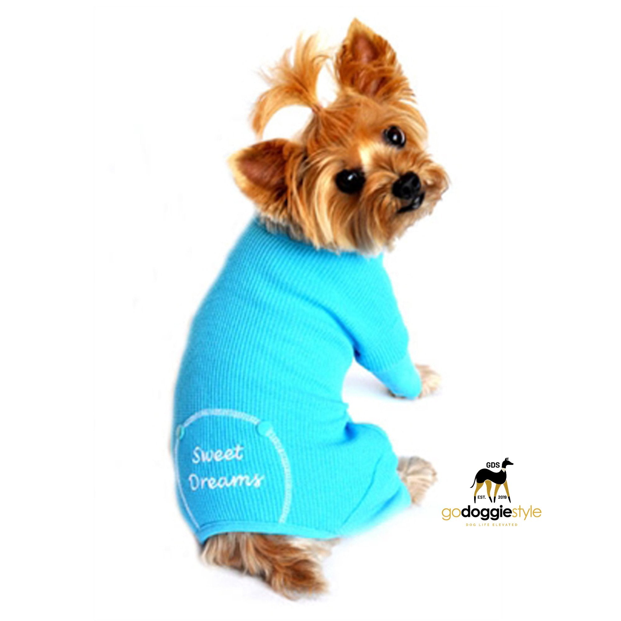 Sweet Dreams Embroidered Dog Pajamas - Blue - Soft Stretchy Dog Sleep Wear - Warm Dog Pajamas - XS to 2XL - godoggiestyle