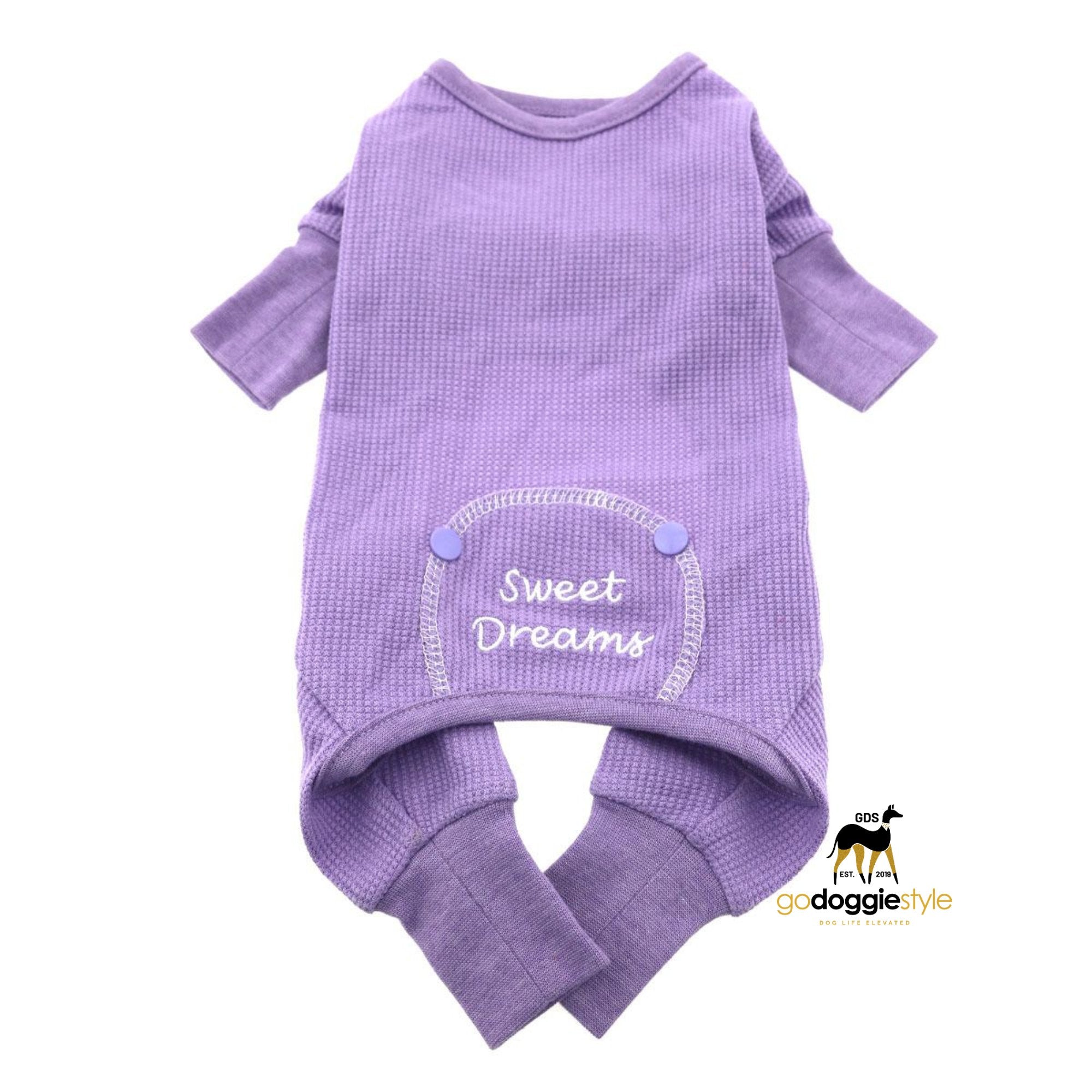 Sweet Dreams Embroidered Dog Pajamas - Lilac - Soft Stretchy Dog Sleep Wear - Warm Dog Pajamas - XS to 2XL - godoggiestyle