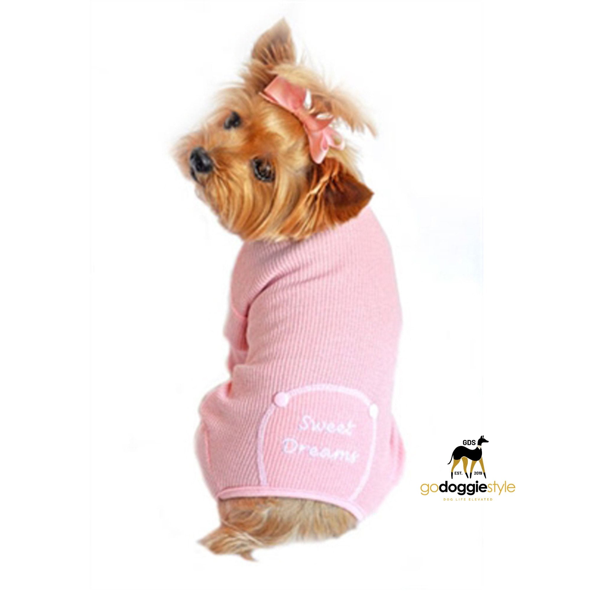 Sweet Dreams Embroidered Dog Pajamas - Pink - Soft Stretchy Dog Sleep Wear - Warm Dog Pajamas - XS to 2XL - godoggiestyle