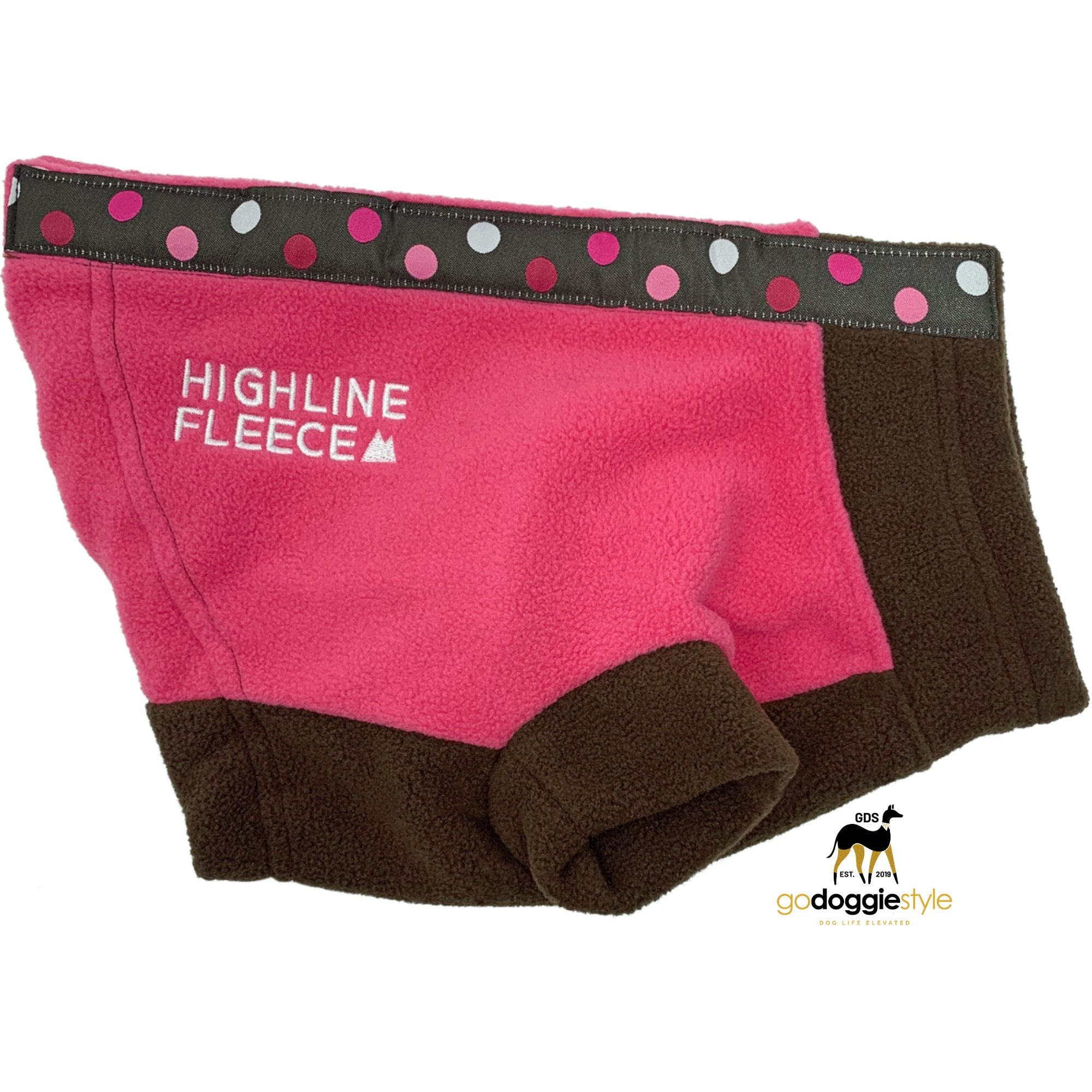 Thick Fleece Dog Coat - Pink and Brown With Polka Dots - Step In Dog Jacket - Warm Dog Fleece - Fall Winter Dog Coat - Fits 3 to 150 lbs - godoggiestyle