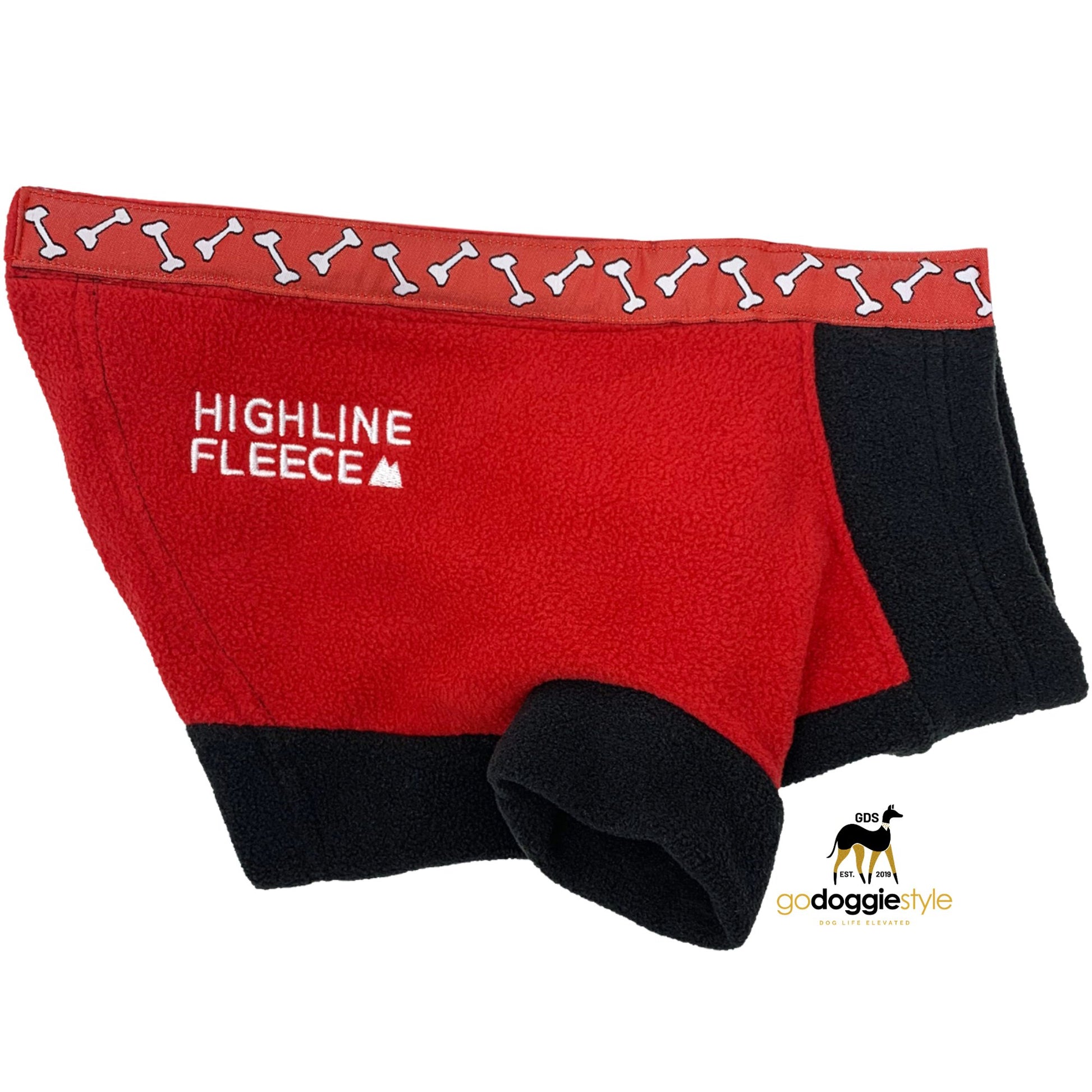 Thick Fleece Dog Coat - Red and Black With Rolling Bones - Step In Dog Jacket - Warm Dog Fleece - Fall Winter Dog Coat - Fits 3 to 150 lbs - godoggiestyle
