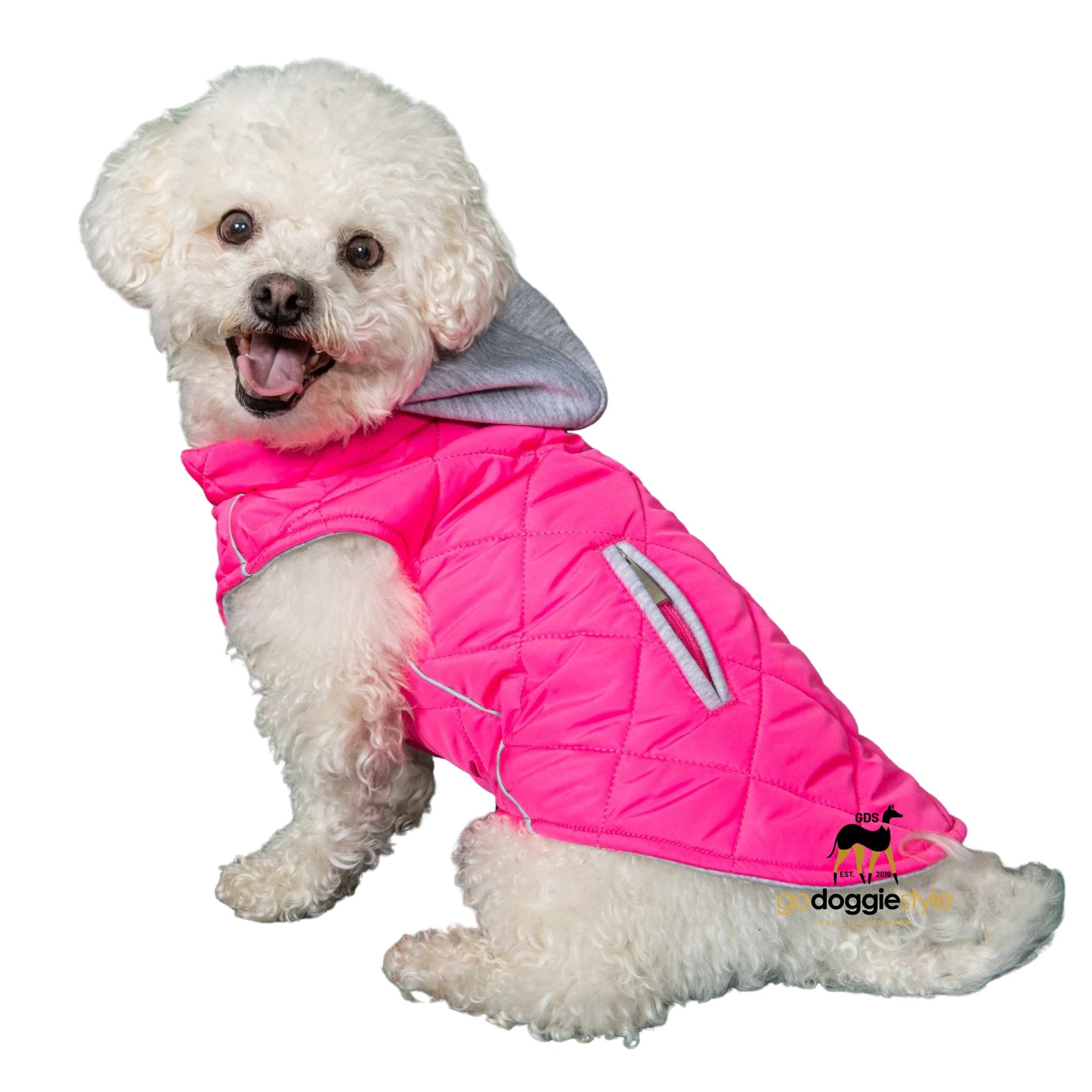 Weekender Dog Quilted Puffer Sweatshirt Hoodie Jacket Vest - Pink - Reflective Hoodie - Zip Up Coat with Pockets - Soft Warm Jersey Lining - XS to XL - godoggiestyle