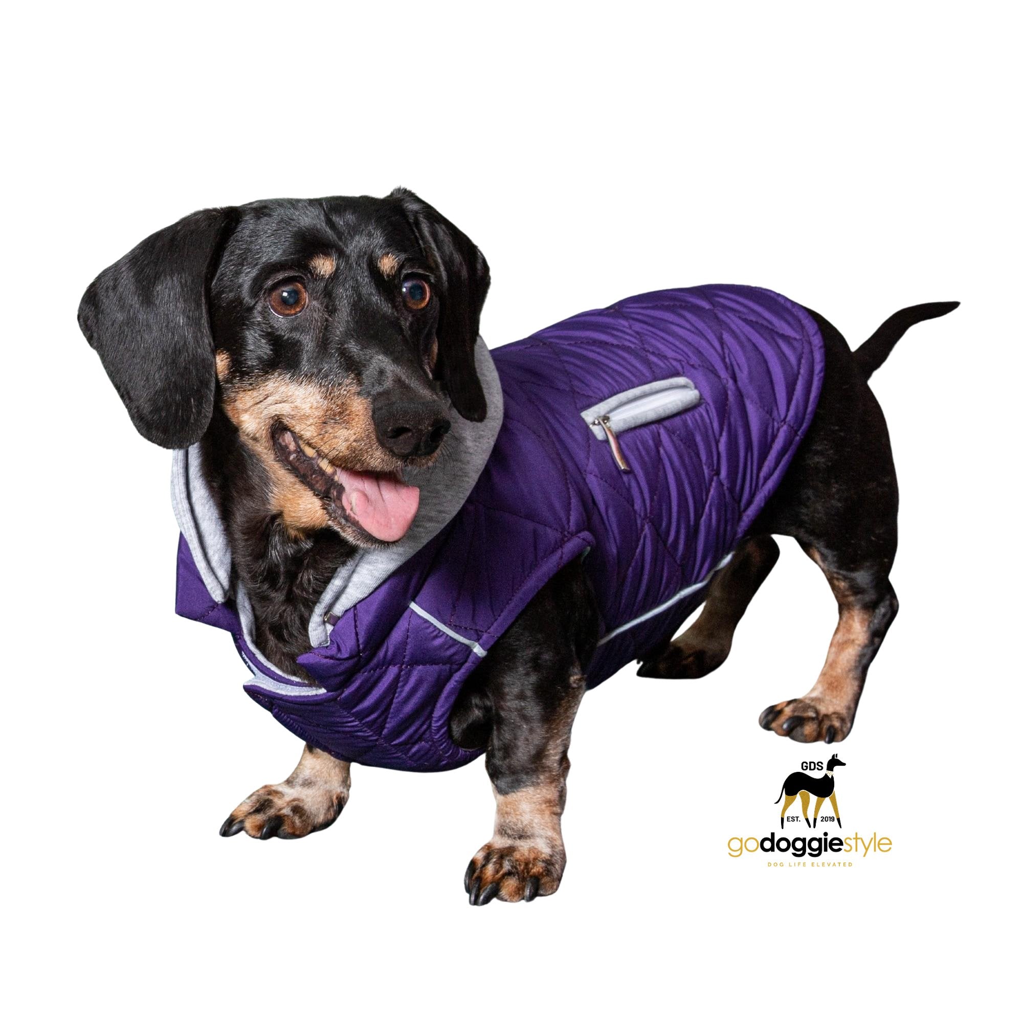 Weekender Dog Quilted Puffer Sweatshirt Hoodie Jacket Vest - Purple - Reflective Hoodie - Zip Up Coat with Pockets - Soft Warm Jersey Lining - XS to XL - godoggiestyle