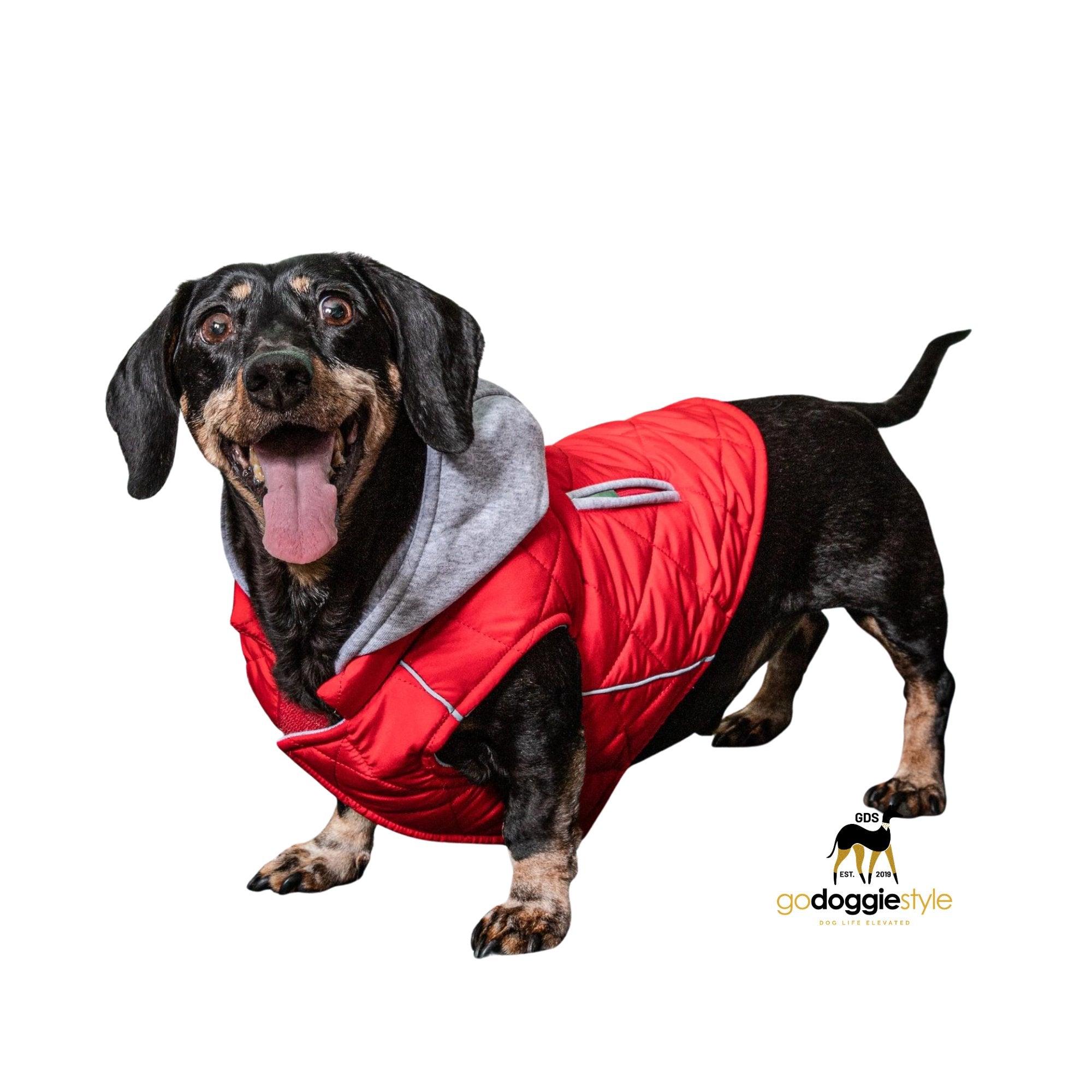 Weekender Dog Quilted Puffer Sweatshirt Hoodie Jacket Vest - Red - Reflective Hoodie - Zip Up Coat with Pockets - Soft Warm Jersey Lining - XS to XL - godoggiestyle