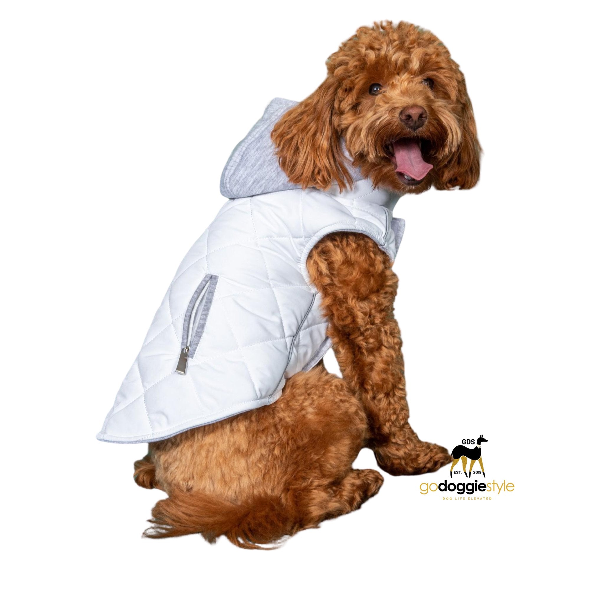 Weekender Dog Quilted Puffer Sweatshirt Hoodie Jacket Vest - White - Reflective Hoodie - Zip Up Coat with Pockets - Soft Warm Jersey Lining - XS to XL - godoggiestyle