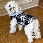 Weekender Dog Sweatshirt Hoodie Jacket Vest-Black & White Plaid Flannel-Reflective Hoodie-Zip Up Coat with Pockets-Soft Warm Jersey Lining-XS to XL-godoggiestyle