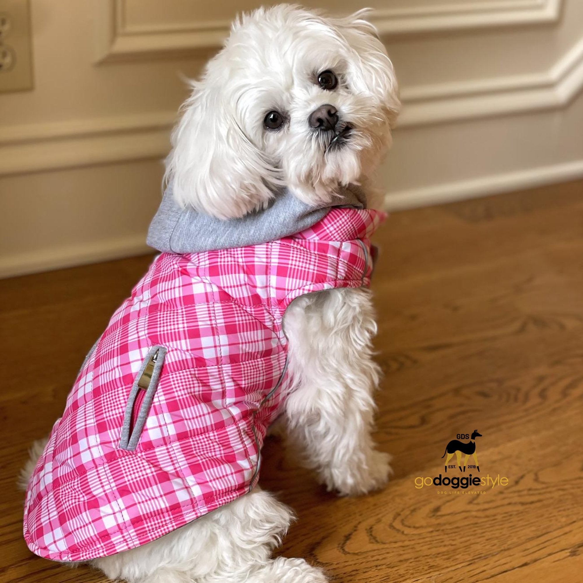 Weekender Dog Sweatshirt Hoodie Jacket Vest-Pink & White Plaid Flannel-Reflective Hoodie-Zip Up Coat with Pockets-Soft Warm Jersey Lining-XS to XL-godoggiestyle