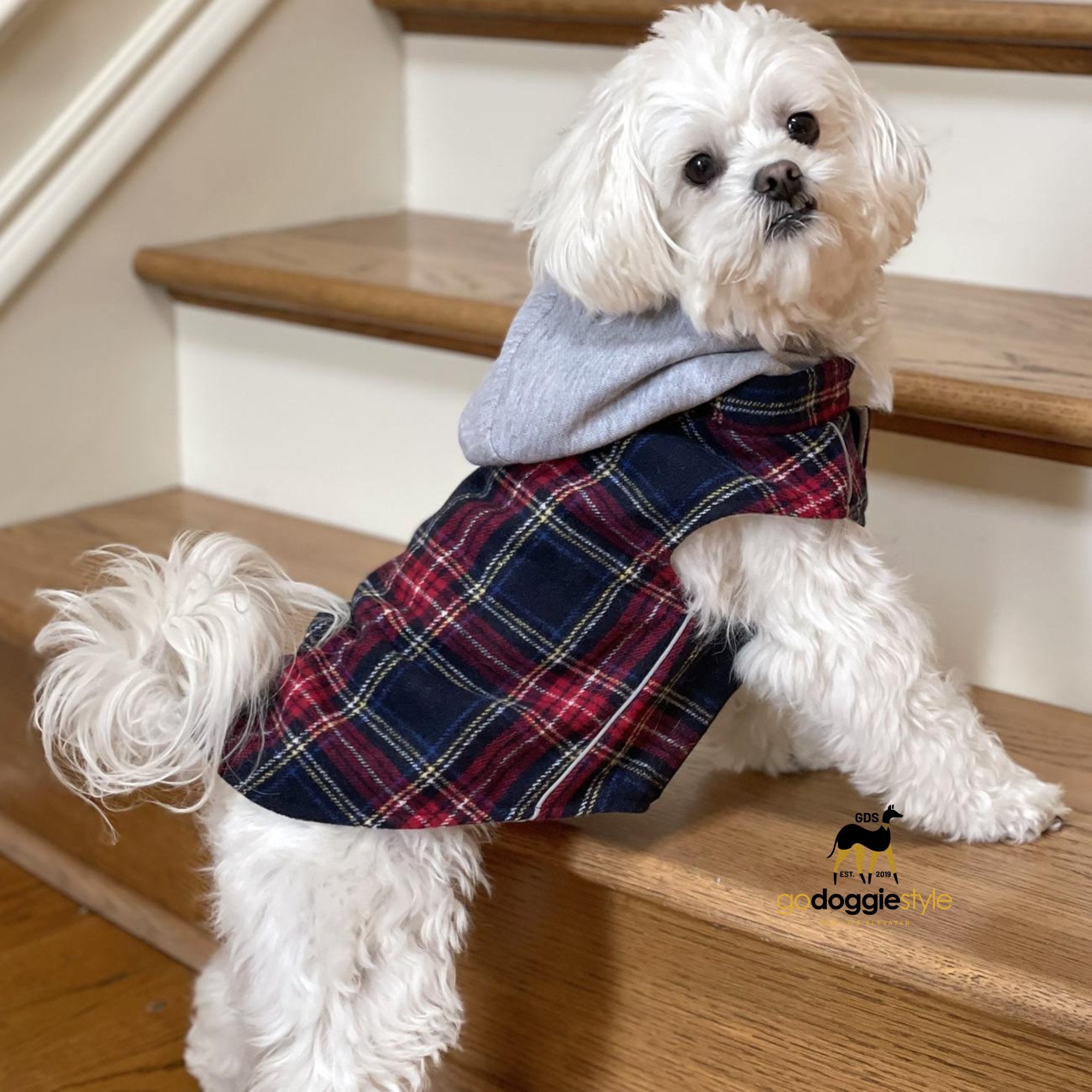 Weekender Dog Sweatshirt Hoodie Jacket Vest-Red & Black Plaid Flannel-Reflective Hoodie-Zip Up Coat with Pockets-Soft Warm Jersey Lining-XS to XL-godoggiestyle